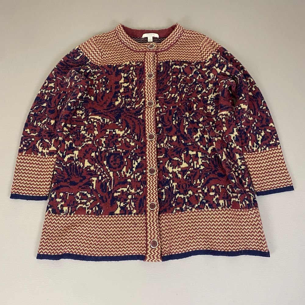 Liz Claiborne Southwestern Cardigan Sweater Navy 1X Burgundy Alpaca Blend Button
